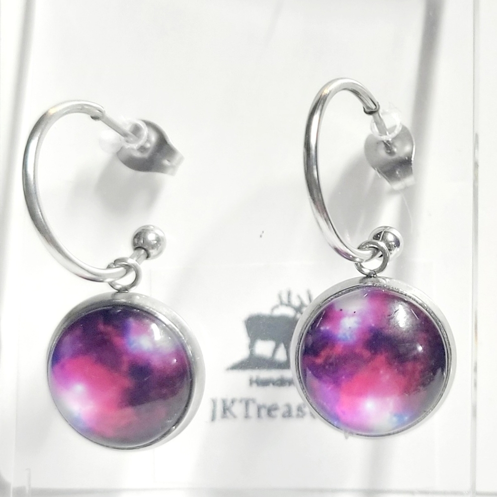 Silver Purple Nebula Cosmic Galaxy Hoop Earrings